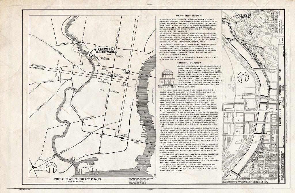 Blueprint 2. Location maps, Historical Statement, Project Information - Fairmount Waterworks, East Bank of Schuylkill River, Aquarium Drive, Philadelphia, Philadelphia County, PA