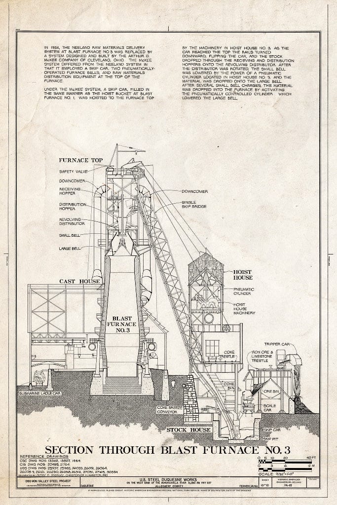 Blueprint Section Through Blast Furnace No. 3 - U.S. Steel Duquesne Works, West Bank of Monongahela River Along State Route 837, Duquesne, Allegheny County, PA
