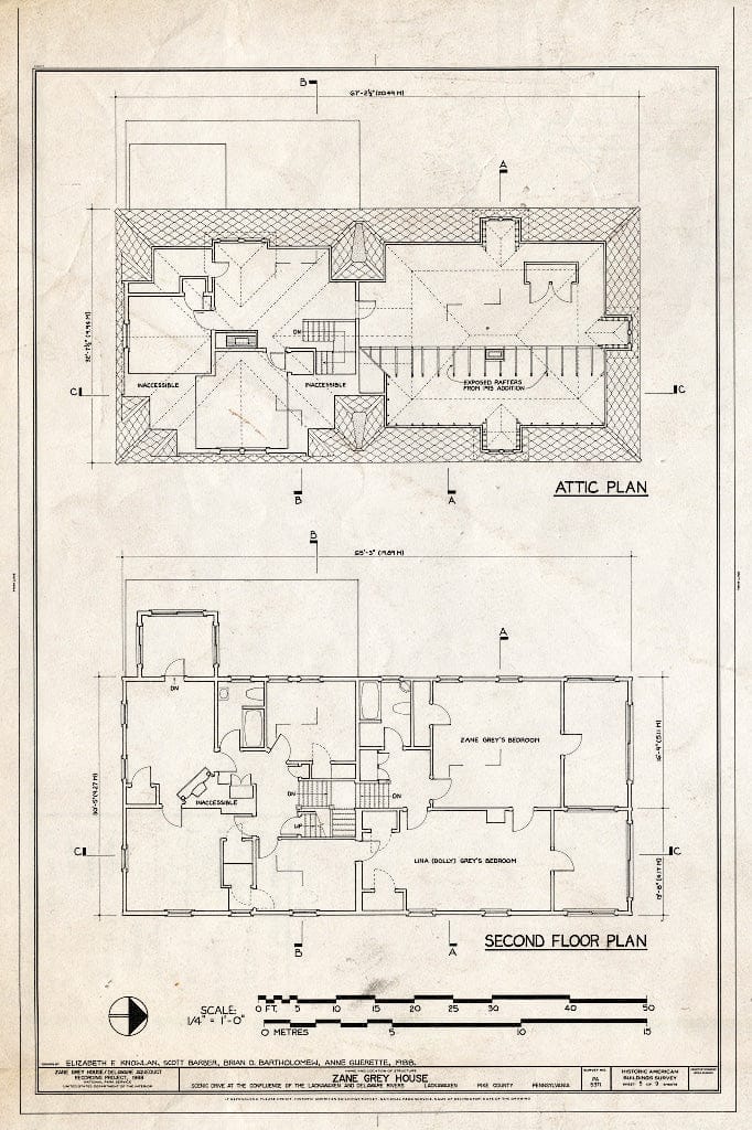 Blueprint Attic Plan, Second Floor Plan - Zane Grey House, West Side of Scenic Drive, Lackawaxen, Pike County, PA