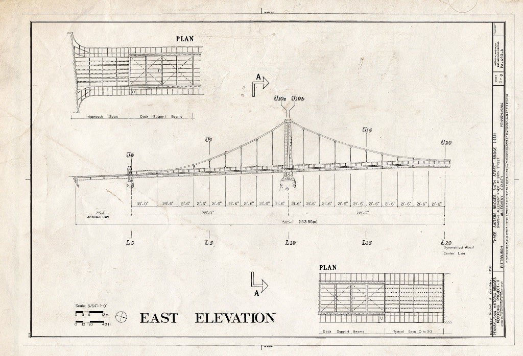 Blueprint HAER PA,2-PITBU,78A- (Sheet 3 of 8) - Three Sisters Bridges, Sixth Street Bridge, Spanning Allegheny River at Sixth Street, Pittsburgh, Allegheny County, PA