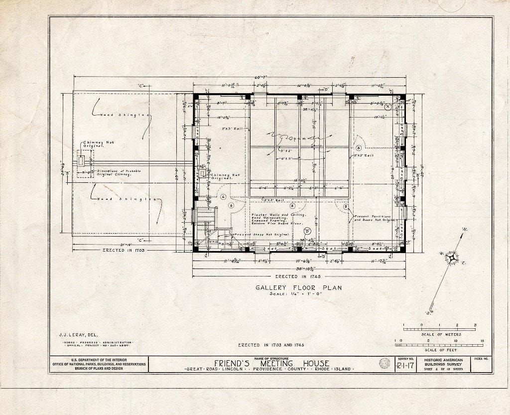 Blueprint 2. Gallery Floor Plan - Friends Meetinghouse, Great Road, Saylesville, Providence County, RI