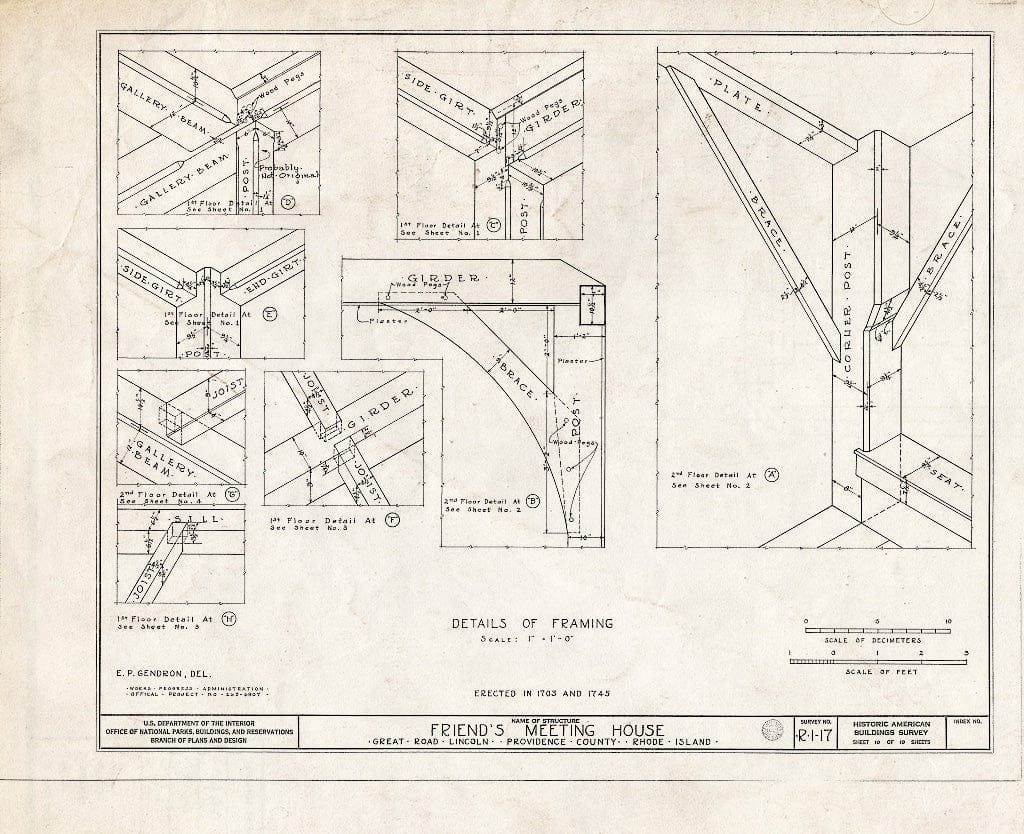 Blueprint 10. Framing Details - Friends Meetinghouse, Great Road, Saylesville, Providence County, RI