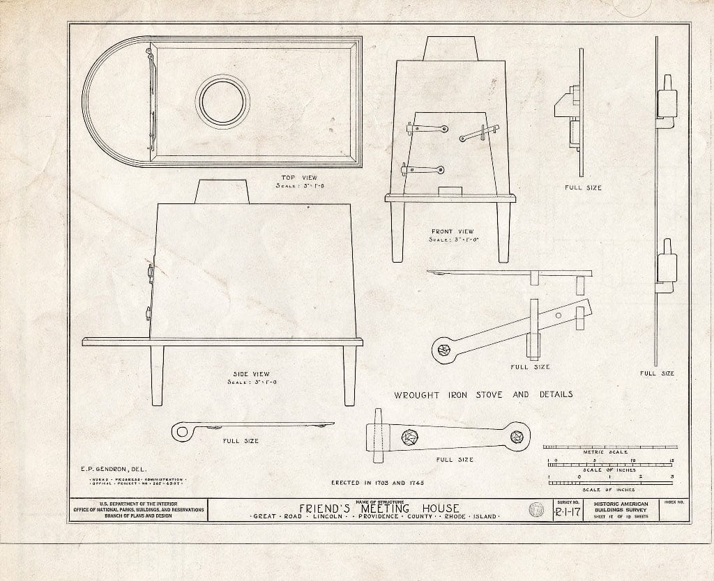 Blueprint 17. Wrought Iron Stove and Details - Friends Meetinghouse, Great Road, Saylesville, Providence County, RI
