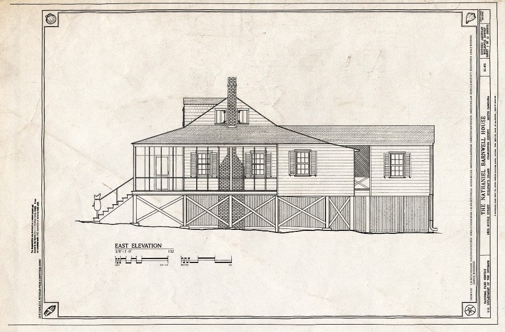 Blueprint 7. East Elevation - Nathaniel Barnwell House, 1023 Middle Street, Sullivans Island, Charleston County, SC