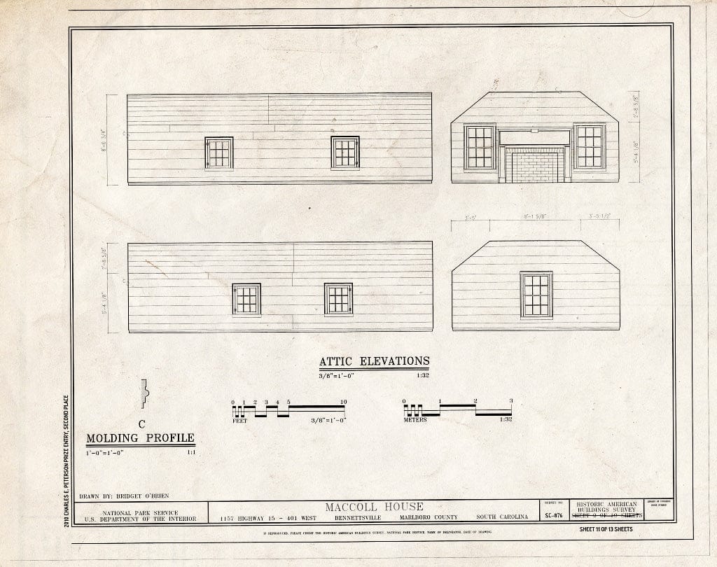 Blueprint Attic Elevations - MacColl House, 1157 Highway 15/401 West, Bennettsville, Marlboro County, SC