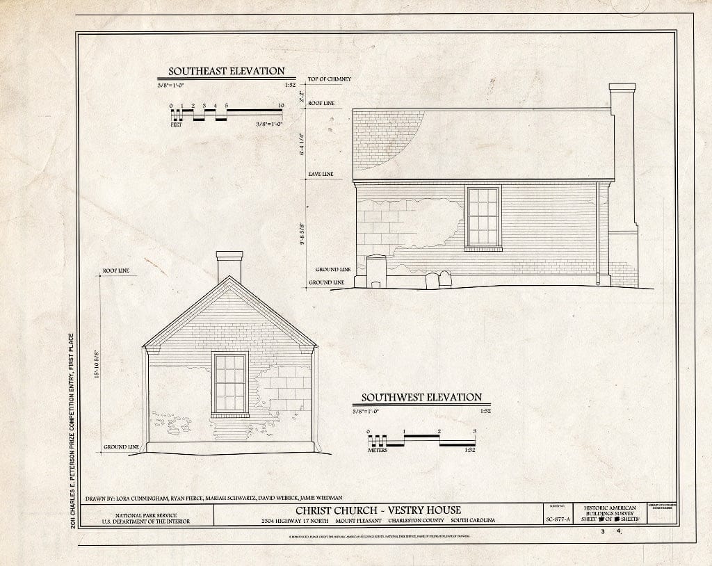 Blueprint 3. Southeast & Southwest Elevations - Christ Church, Vestry House, 2304 Highway 17 North, Mount Pleasant, Charleston County, SC