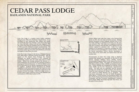 Blueprint Title Sheet with Statement of Significance, site Section and Location maps. - Cedar Pass Lodge, 20681 South Dakota Highway 240, Interior, Jackson County, SD