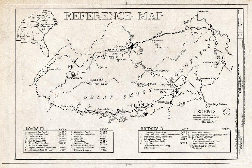 Blueprint Reference Map - Great Smoky Mountains National Park Roads & Bridges, Gatlinburg, Sevier County, TN