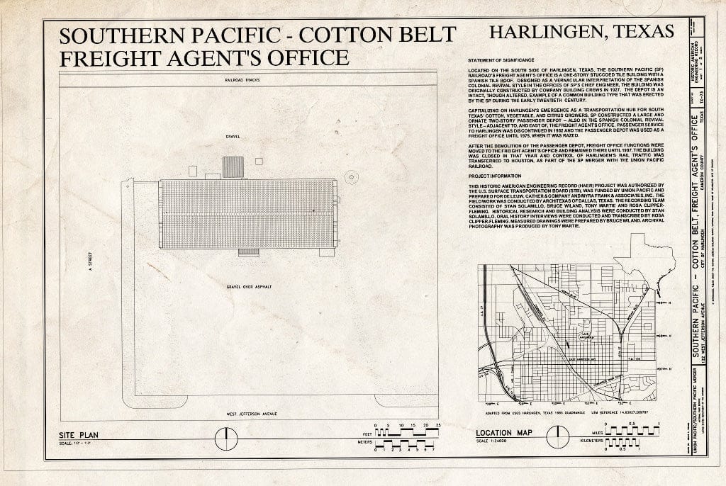 Blueprint Site Plan - Southern Pacific-Cotton Belt, Freight Agents Office, Union Pacific Milepost 174.00, 122 West Jefferson Avenue, Harlingen, Cameron County, TX