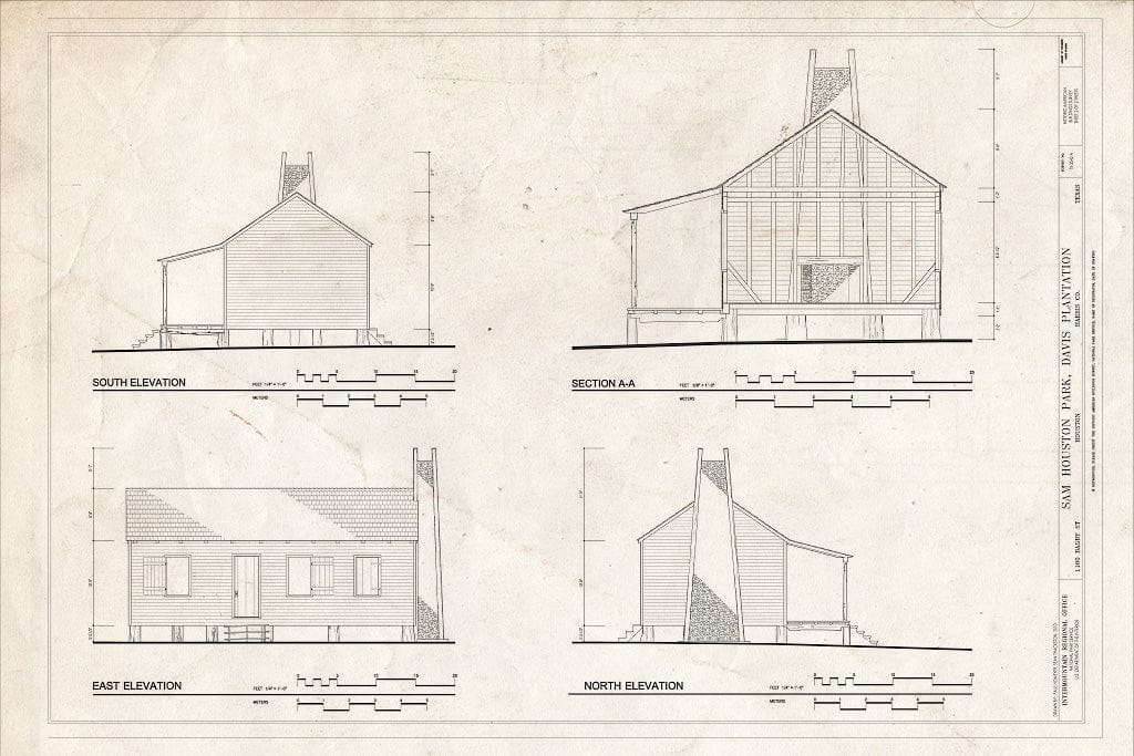 Blueprint South, East & North Elevations and Section - Sam Houston Par ...