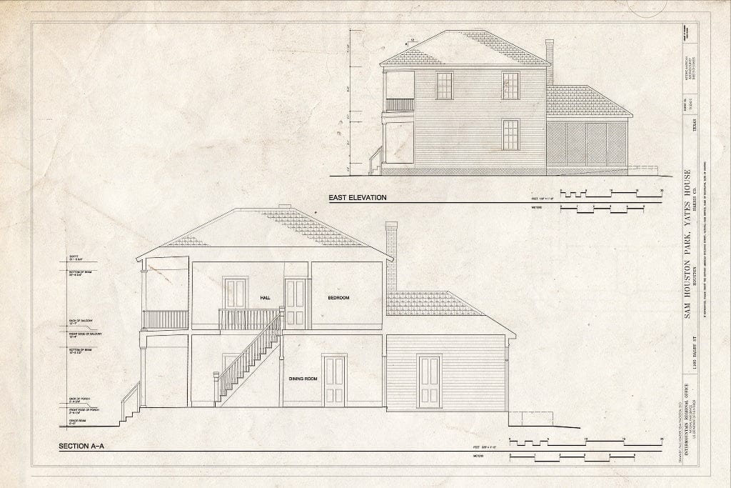 Blueprint East Elevation & Section - Sam Houston Park, Yates House, 11 ...