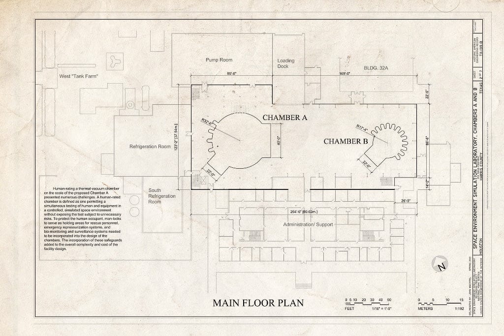 Blueprint Main Floor Plan - NASA Johnson Space Center, Building No. 32, Space Environment Simulation Laboratory, Chambers A & B, 2101 NASA Parkway, Houston, Harris County, TX