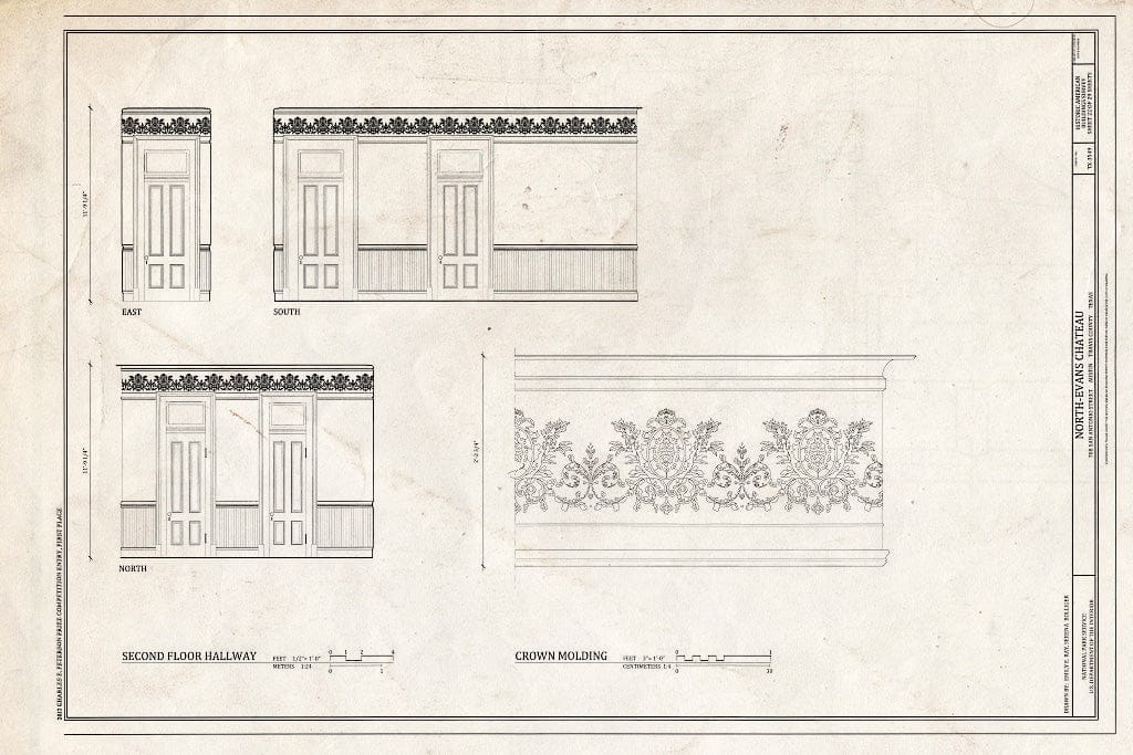 Blueprint Second Floor Hallway & Crown Molding - North-Evans Chateau, 708 San Antonio Street, Austin, Travis County, TX