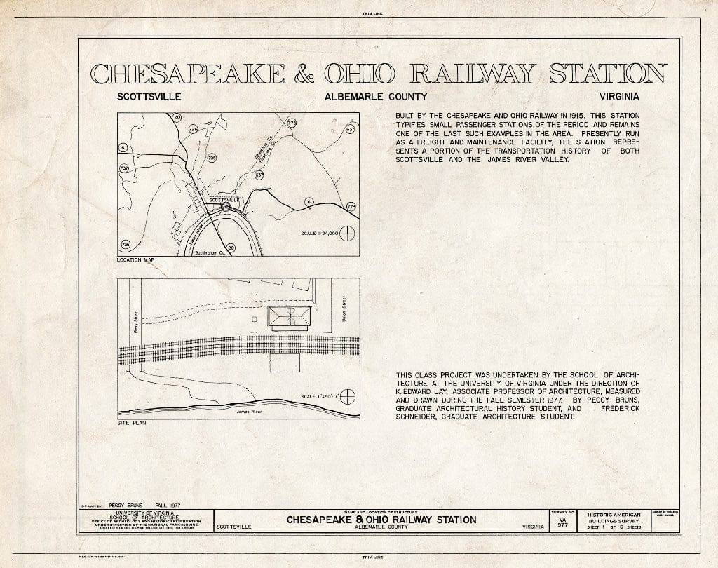 Blueprint Locator map, site plan and statement of significance - Chesapeake & Ohio Railway Station, Main Street between Union & Ferry Streets, Scottsville, Albemarle County, VA