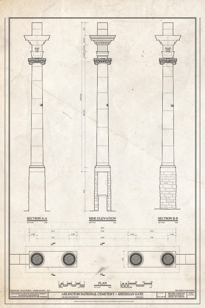 Blueprint 3. Sections & Side Elevation - Arlington National Cemetery, Sheridan Gate, Arlington, Arlington County, VA