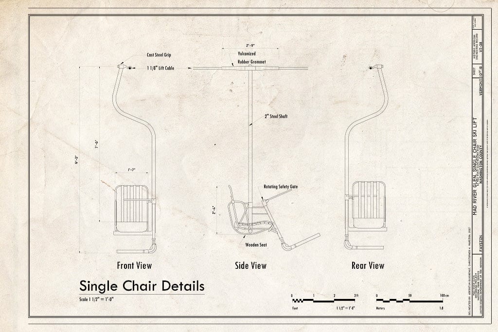 Blueprint Single Chair Details; Front View, Side View, Rear View - Mad River Glen, Single Chair Ski Lift, 62 Mad River Glen Resort Road, Fayston, Washington County, VT