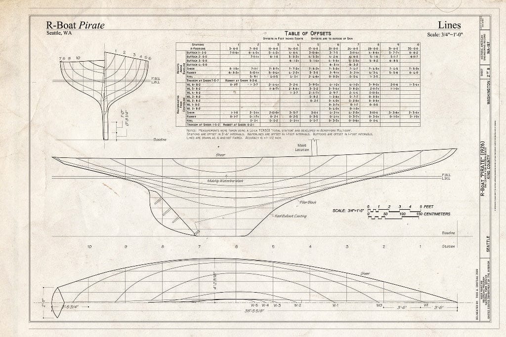 Blueprint R-Boat Pirate, Lines - R-Boat Pirate, The Center for Wooden Boats, Seattle, King County, WA