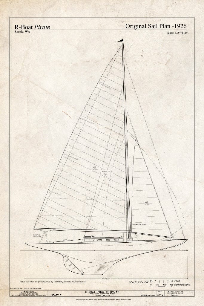 Blueprint R-Boat Pirate, Original Sail Plan, 1926 - R-Boat Pirate, The Center for Wooden Boats, Seattle, King County, WA