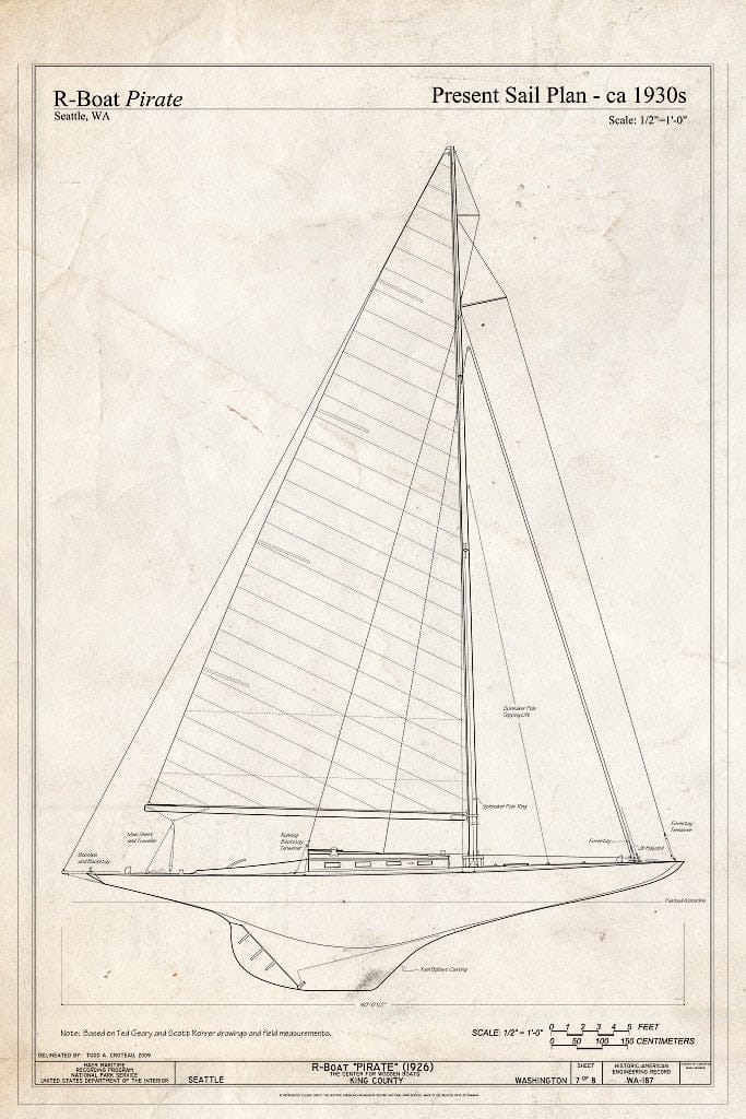 Blueprint R-Boat Pirate, Present Sail Plan, ca. 1930s - R-Boat Pirate, The Center for Wooden Boats, Seattle, King County, WA