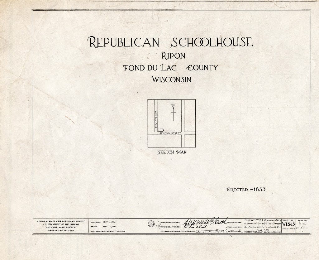 Blueprint HABS WIS,20-RIPO,1- (Sheet 0 of 2) - Republican Schoolhouse, Second & Elm Streets, Ripon, Fond du Lac County, WI