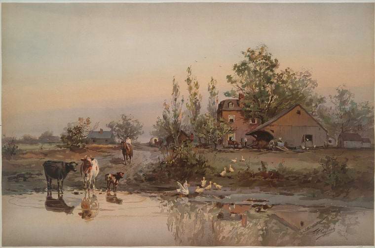 Art Print : A Print Depicting a Road, Houses, barns, Ducks, Cows, Horses with Riders, Wagons, Trees and a Pond with Reflections, Vintage Wall Art