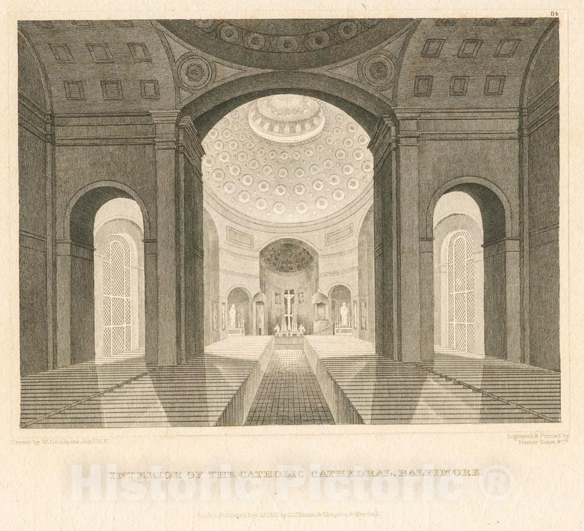 Art Print : 1831, Interior of The Catholic Cathedral, Baltimore. - Vintage Wall Art V1
