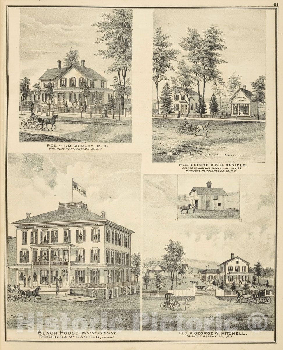 Art Print : 1876, Residence of F.D.Gridley, M.D. Whitney's Point, Broome Co, N.Y; Residence & St - Vintage Wall Art