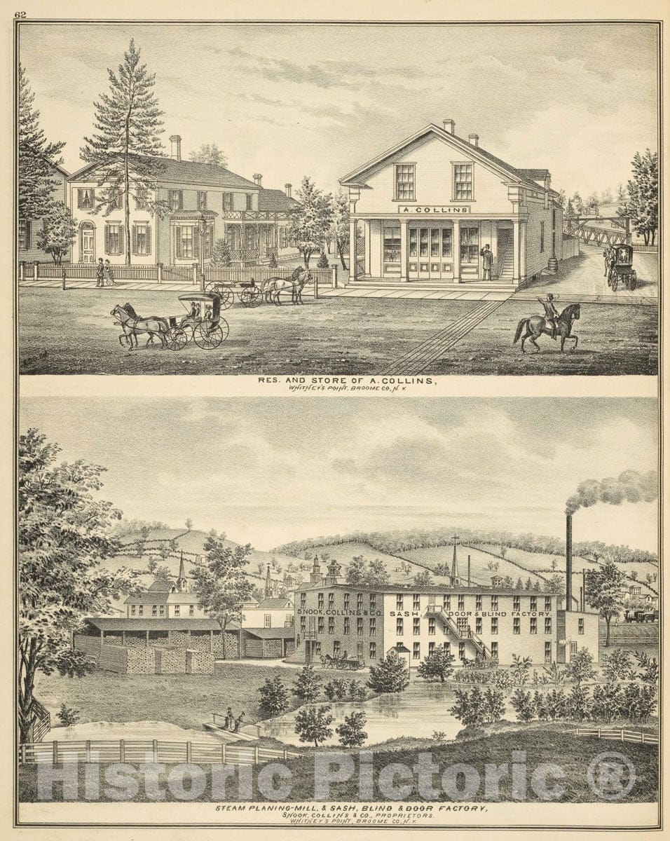 Art Print : 1876, Res. and Store of A. Collins, Whitney's Point, Broome Co, N.Y; Steam Planing M - Vintage Wall Art