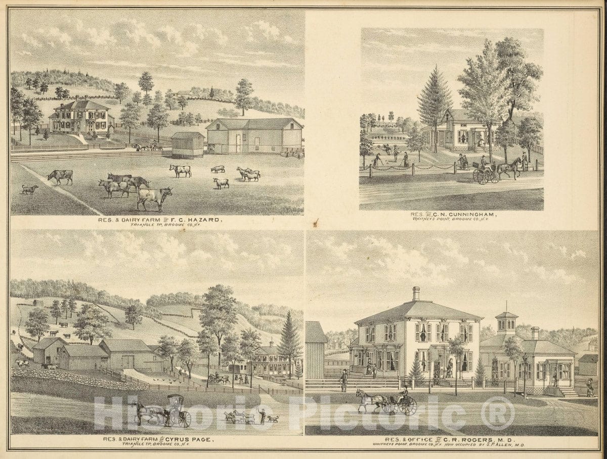 Art Print : 1876, Res. & Dairy Farm of F.C. Hazard, Triangle TP, Broome Co, N.Y; Res. of C.N. Cu - Vintage Wall Art
