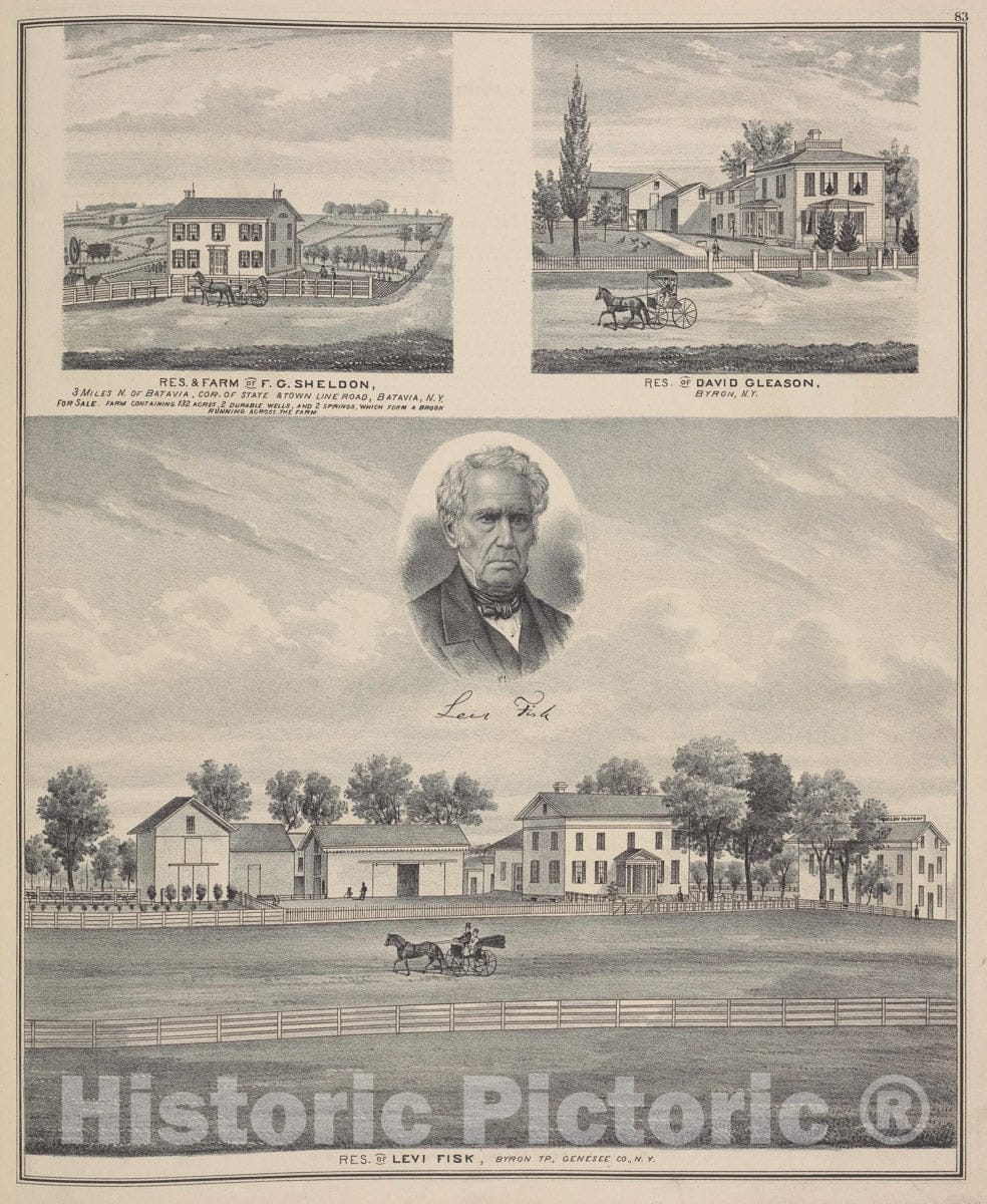 Art Print : 1876, Res. and Farm of F. G. Sheldon, 3 Miles N. of Batavia, Cor. of State & Town Line - Vintage Wall Art