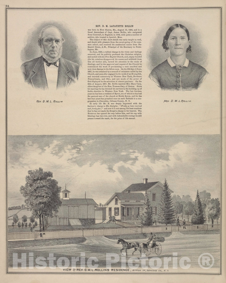 Art Print : 1876, Rev. D. M. L. Rollin ; Mrs. D. M. L. Rollin ; View of Rev. D. M. L. Rollin's Residence, Byron TP, Genesee Co, N.Y. - Vintage Wall Art