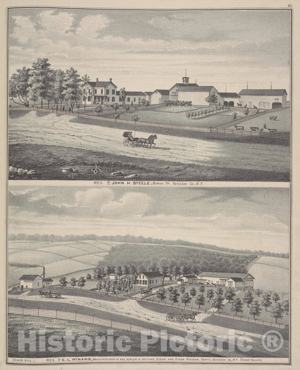 Art Print : 1876, Res. of John H. Steele, Byron TP, Genesee Co, N.Y - Vintage Wall Art