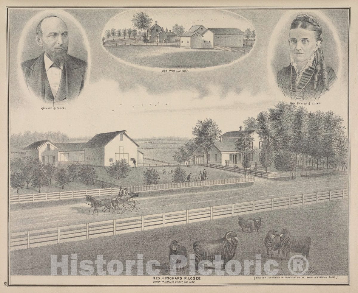 Art Print : 1876, Richard R. Losee; View from The West; Mrs. Richard R. Losee; Res. of Richard R. Losee, Darien TP, Genesee Co, N.Y. - Vintage Wall Art