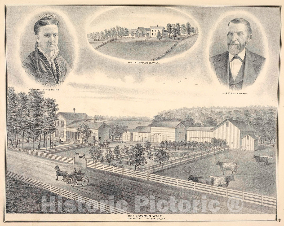 Art Print : 1876, Mrs. Cyrus Wait ; View of The South; Cyrus Wait ; Res. of Cyrus Wait, Darien TP, Genesee Co, N.Y. - Vintage Wall Art