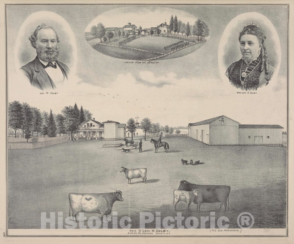 Art Print : 1876, Levi H. Colby; View from The North ; Mrs. Levi H. Colby; Res. of Levi H. Colby, Darien TP, Genesee Co, N.Y. - Vintage Wall Art