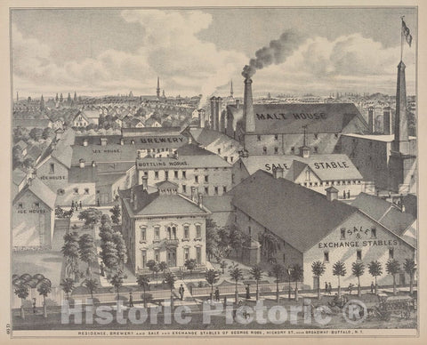 Art Print : 1880, Residence, Brewery and Sale and Exchange of George Roos, Hickory St, Near Broadway - Buffalo, N.Y. - Vintage Wall Art