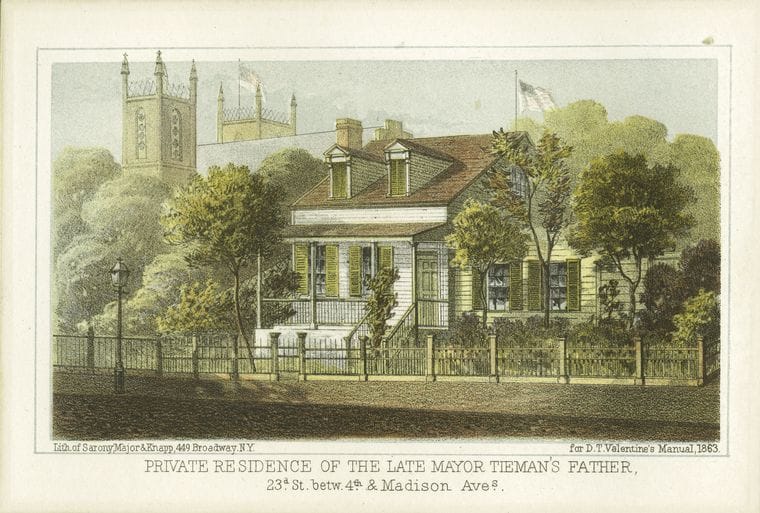 Art Print : 1828, Private Residence of The Late Major Tiemann's Father 23rd St. betw. 4th & Madison Aves. - Vintage Wall Art