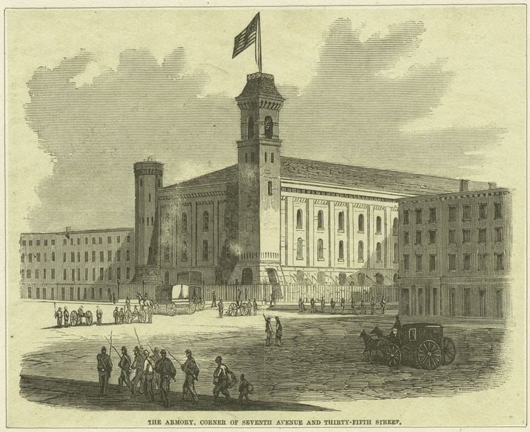 Art Print : 1880, The Armory, Corner of Seventh Avenue and Thirty-Fifth Street - Vintage Wall Art