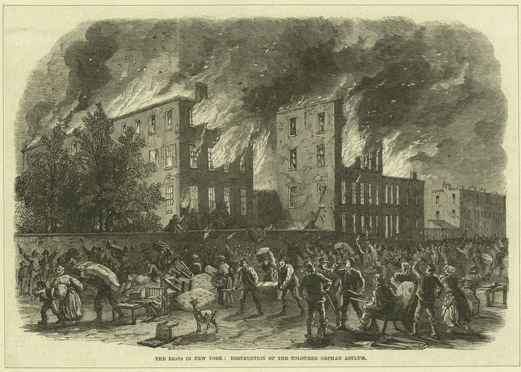 Art Print : 1880, The Riots in New York: Destruction of The Coloured Orphan Asylum. - Vintage Wall Art