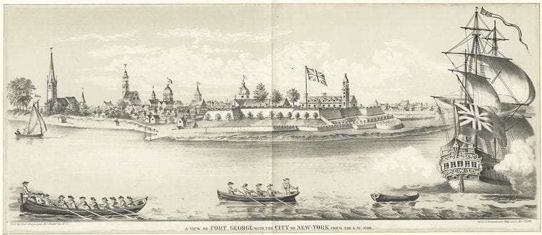 Art Print : c.1760 , A View of Fort George with The City of New York from The s.w. 1740 - Vintage Wall Art