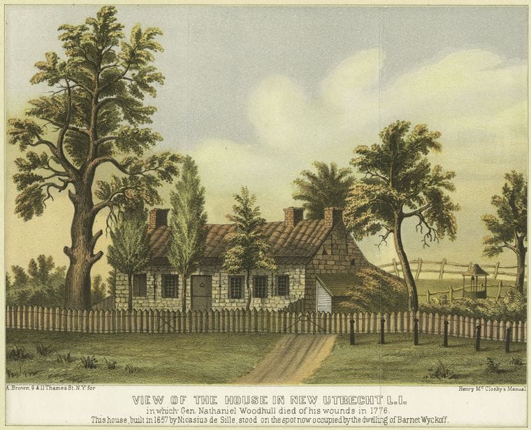 Art Print : c.1760 , View of The House in New Utrecht, L.I. in which Gen. Nathaniel Woodhull Died of his Wounds in 1776 - Vintage Wall Art