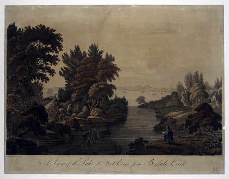 Art Print : 1811, A View of The Lake and Fort Erie, from Buffalo Creek. - Vintage Wall Art