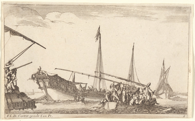 Art Print : Sur le Devant, vers la Droite, une Barque Pleine de Monde, 1634 - Vintage Wall Art