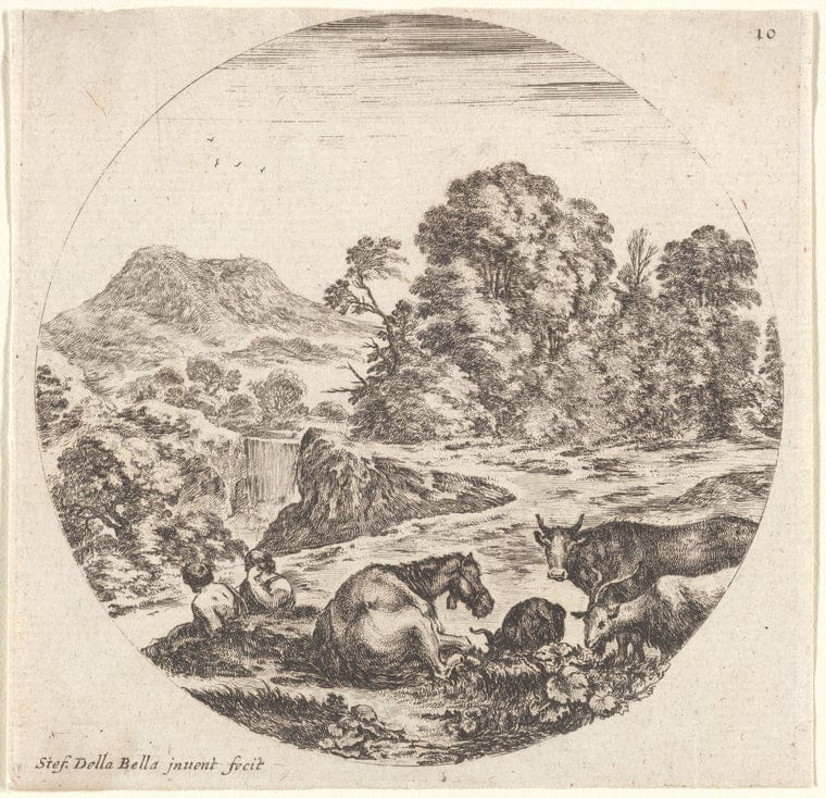 Art Print : Sur le Devant, un Cheval couche, Deux chevres et une Vache debout et Deux patres Assis, 1601-1700 - Vintage Wall Art