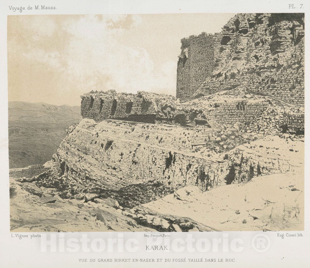 Art Print : 1874, Karak, vue du Grand birket en-Naser et du Fosse Taille Dans le ROC. - Vintage Wall Art