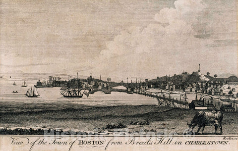 Art Print : 1790, View of The Town of Boston from Breed's Hill, in Charlestown. - Vintage Wall Art