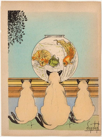 Art Print : Three Cats Watching Fish in an Aquarium, 1938 - Vintage Wall Art