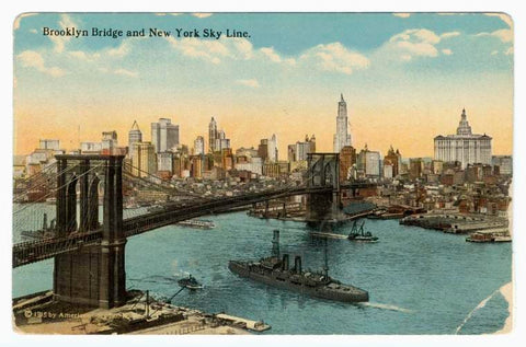 Art Print : Brooklyn Bridge and New York Sky line, 1915 - Vintage Wall Art