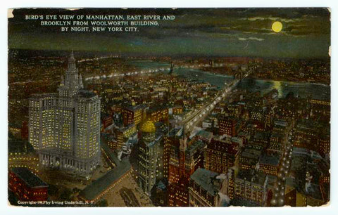 Art Print : Bird's Eye View of Manhattan, East River and Brooklyn from Woolworth Building, by Night, New York City, 1913 - Vintage Wall Art