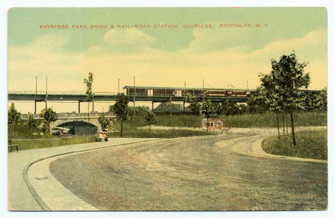 Art Print : Bayridge Park Drive & Rail-Road Station, Bayridge, Brooklyn, N. Y, 1908 - Vintage Wall Art